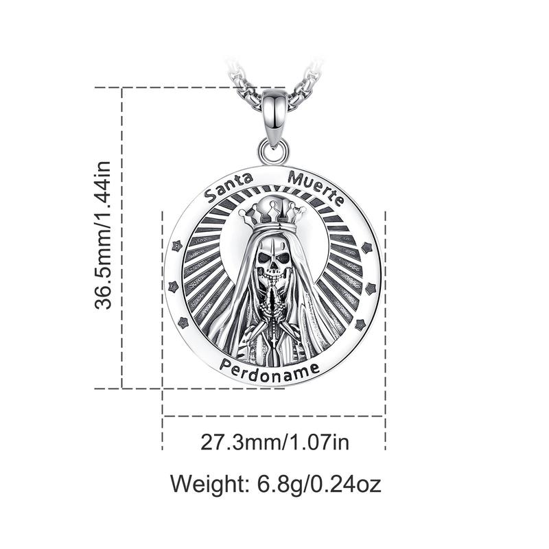 Eudora S925 Sliver Santa Muerte Necklace, Silver Grim Reaper Pendant, Mexican Saint Medallion, Memento Mori Amulet, Protective Sigils Jewelry Eudora S925 Sliver Santa Muerte Necklace, Silver Grim Reaper Pendant, Mexican Saint Medallion, Memento Mori Amulet, Protective Sigils Jewelry