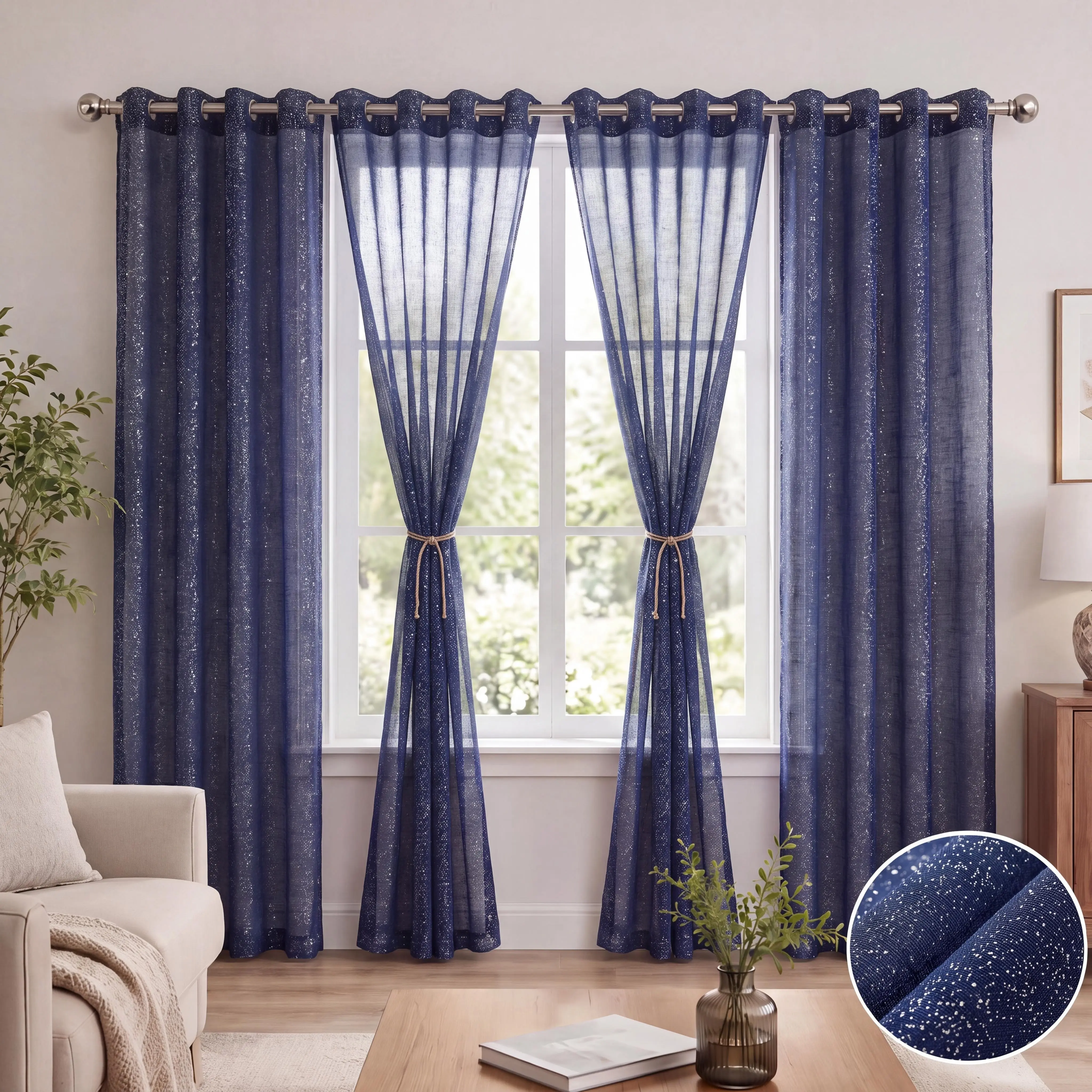 4 Panels 52"X84" Silver Speckle Foil Print Grommet Sheer Curtains, Premium Duoli Fabric Contrast Wide Border Metallic Dot Light Filtering Window Drapes for Bedroom Living Room Modern Home Decor L28