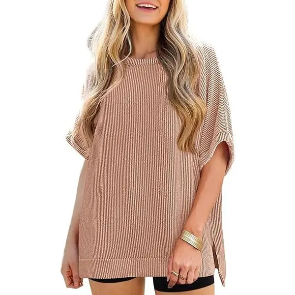 Tankaneo Womens Oversized T Shirts Summer Casual Ribbed Batwing Short Sleeve Tunic Tops Loose Fit Dolman Sleeve Tees