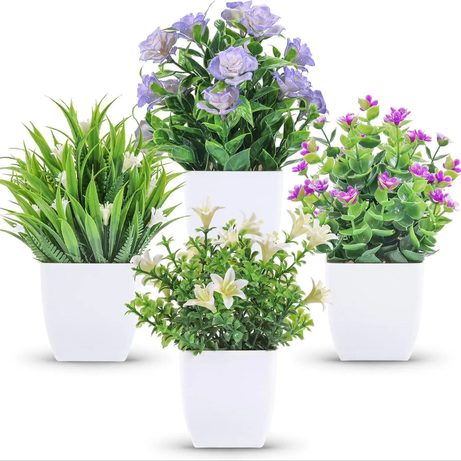 Artificial Potted Plant, 4 Counts Mini Faux Potted Flowers, Artificial Fake Flowers, Artificial Flower Set, Decorative Plants for Home Room Farmhouse Bathroom Decor Indoor, Artificial Flower Decoration, Faux Floral Decor