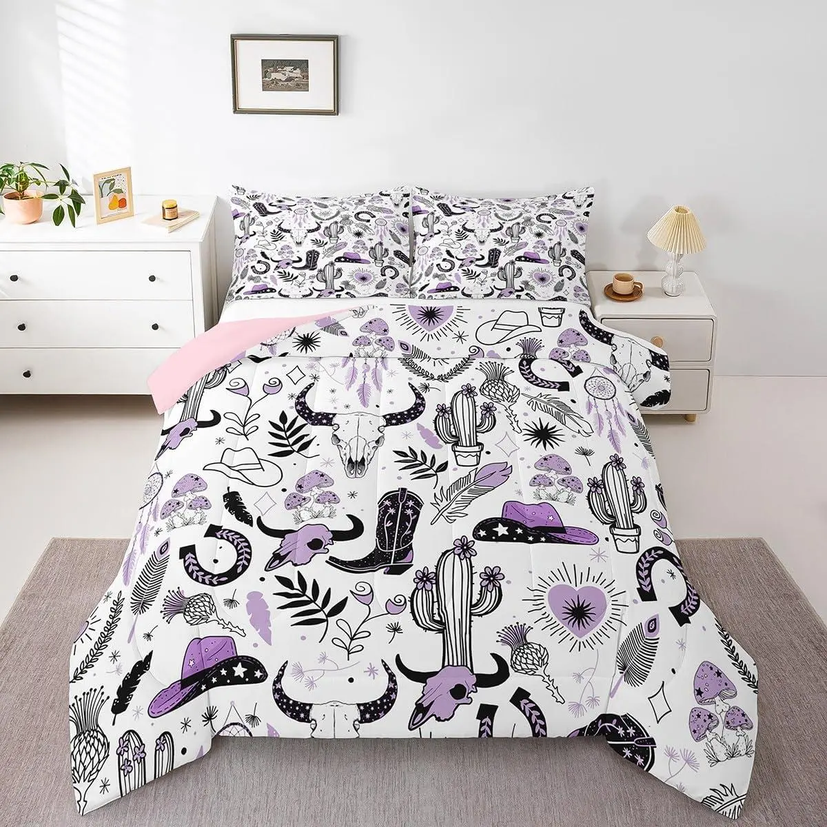 Western Decor Comforter Wild Western Cow Comforter Set Bull Skull Boots Hat Horseshoes Cactus Bedding Set Room Decor Purple Duvet Set