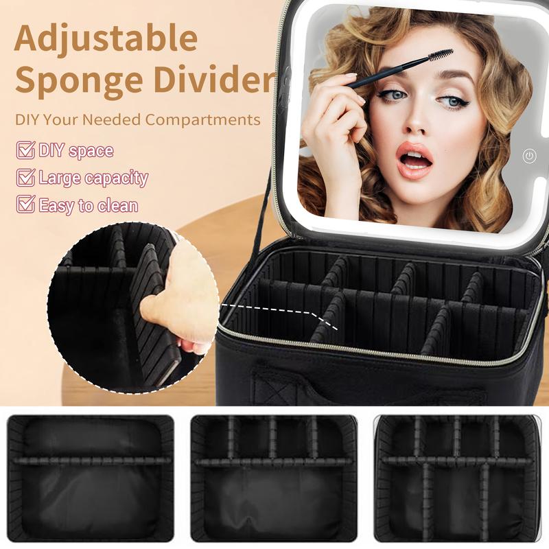 Travel cosmetic bag with LED light, USB charging women's cosmetic storage box, portable lighted makeup mirror with adjustable brightness, three-color adjustable light, portable cheap storage bag with adjustable divider makeup brush puff storage box
