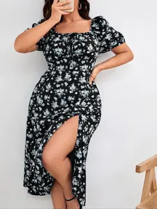 Plus Size Floral Print Dress with Puff Sleeves and High Slit for Women Summer Casual Womenswear