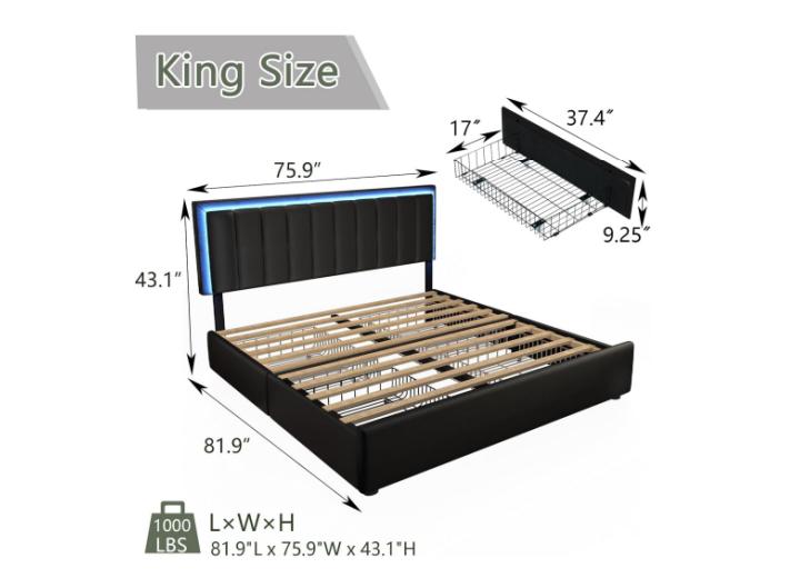 HOMBCK Bed Frame with Drawers and LED Lights, Mattress not included, Faux Leather Headboard, No Box Spring Needed, Easy Assembly