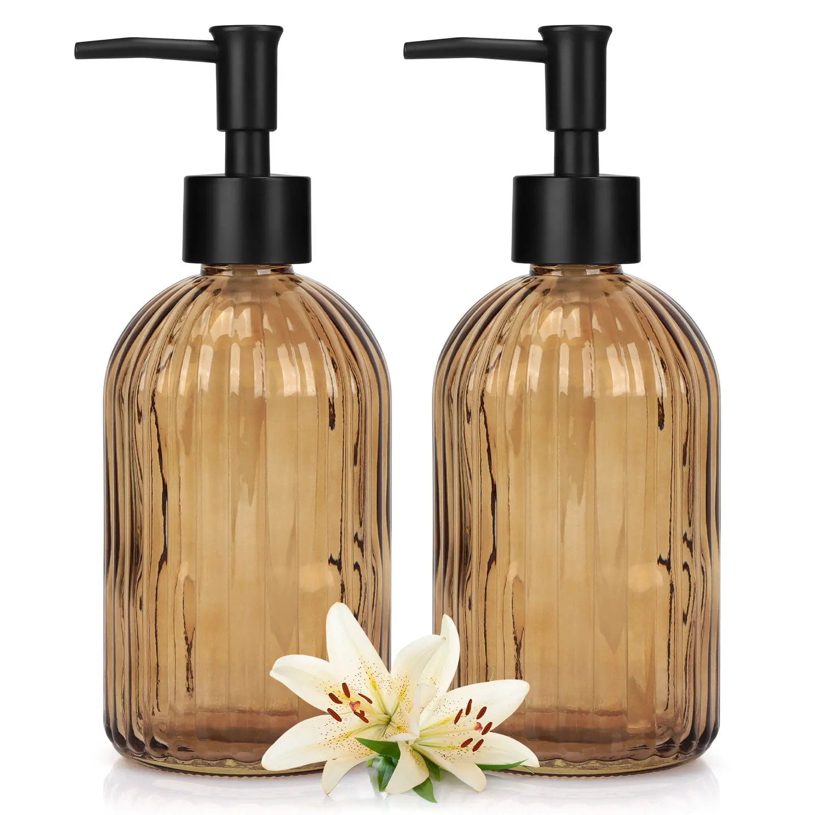 Sturdy 2-Pack Vertical Stripe Hand Wash Bottle 400ml Freestanding Glass Soap Dispensers, Rustproof Plastic Press Pump Bathroom Accessory for Kitchen & Bathroom Liquid Hand Soap, Lotions, Essential Oils, Dispenser Soap Dispensers
