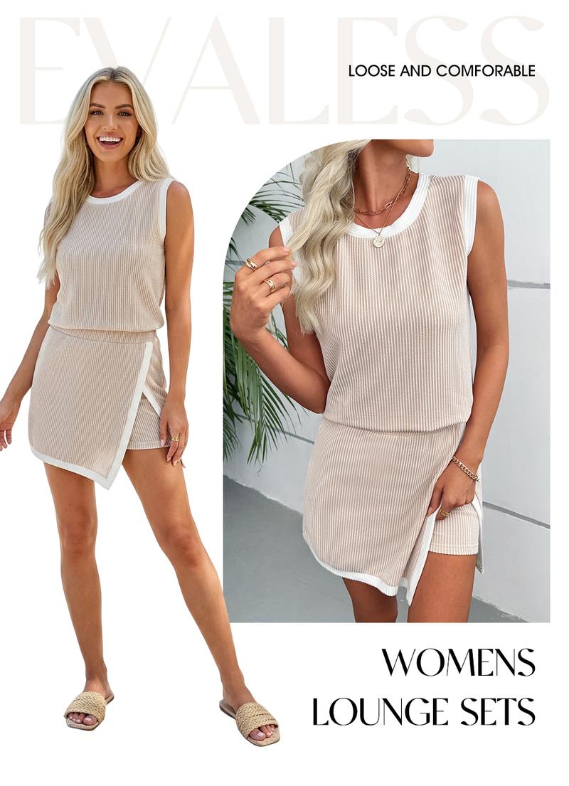 EVALESS Women's 2-Piece Sets Casual Crewneck Ribbed Sleeveless Knit Top & Split Lined Skirt Two Pieces Soft Matching Set Basic Summer Outfits 2026 WOmenswear Springtok