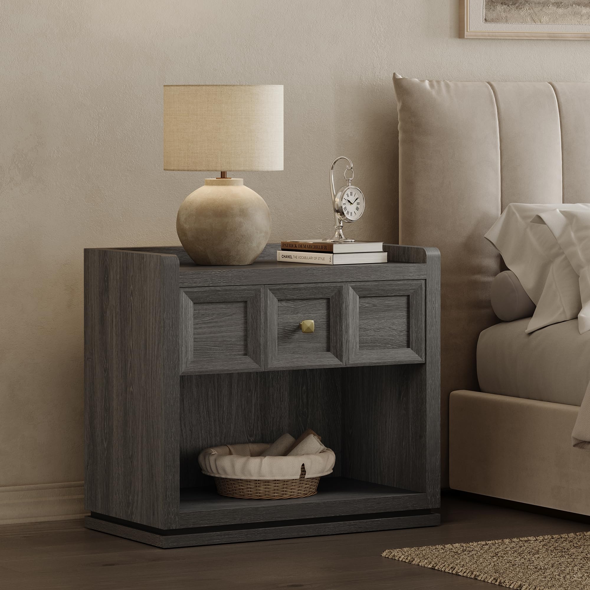 SICOTAS 31" and 26” Wide Nightstands Set of 2, Large Night Stands with Drawer, Oversized King Size Nightstand Bedside Table for Bedroom, Farmhouse End Side Table Set of 2 with Round Corners,Grey White Oak,Durable and Sturdy