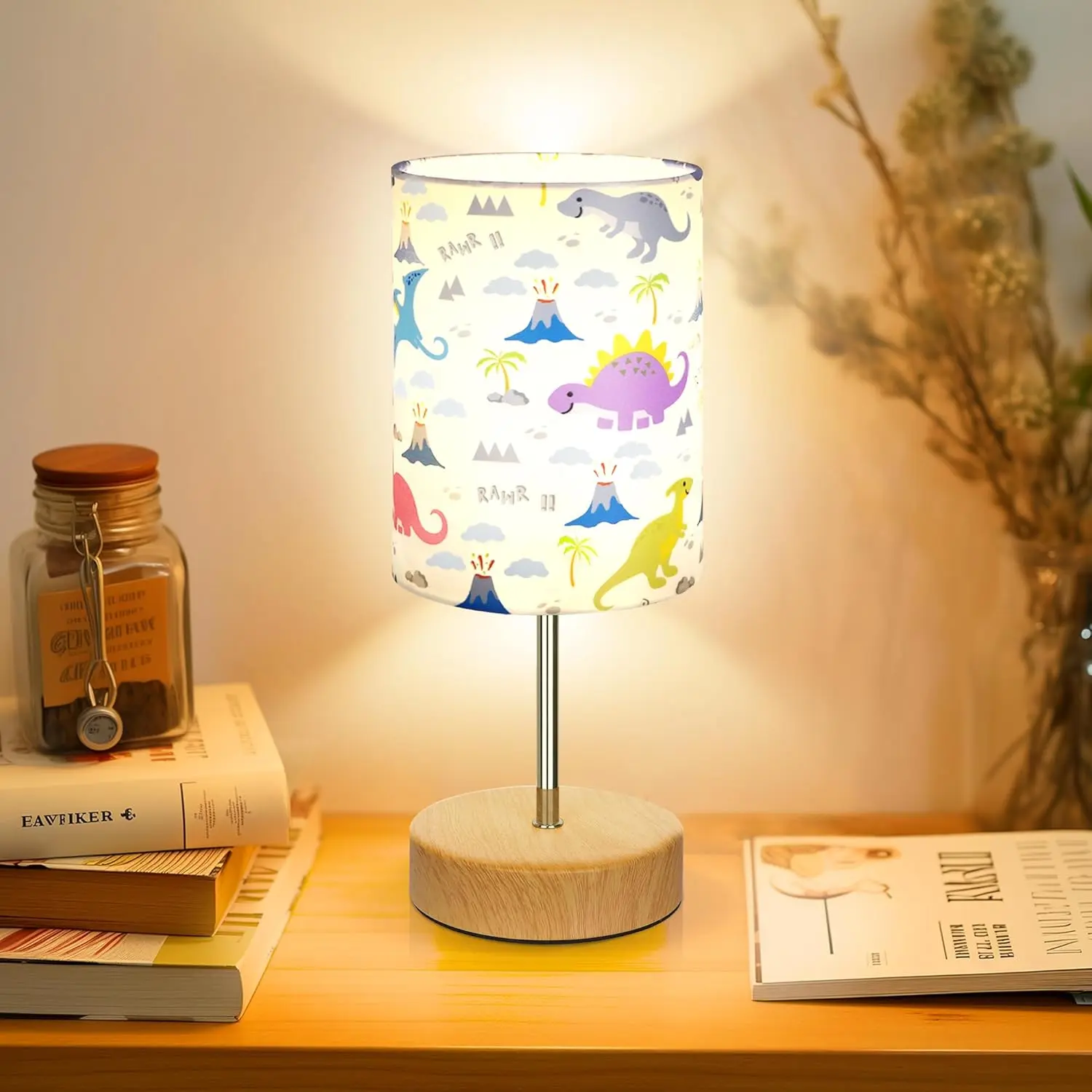 Bedside Table Lamp for Bedroom with Dinosaur Pattern Printed Shade 3-Way Dimmable Small Touch Lamp with Wood Base for Living Room, Desk, Dorm, Home Office (LED Bulb Included)