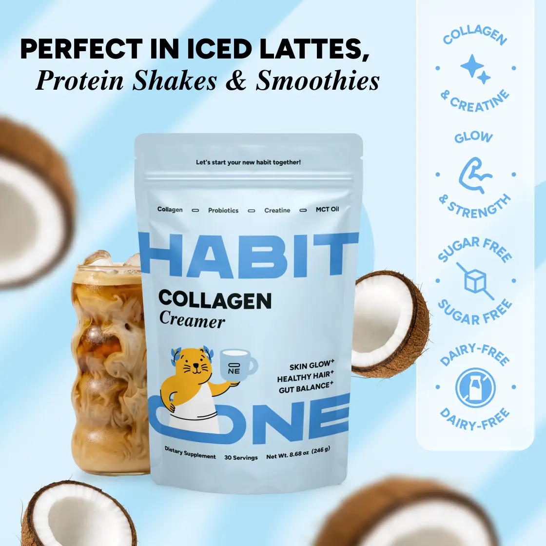 HabitONE Collagen Protein Creamer | 30 Servings, Coconut | Probiotics & Creatine | Dairy Free