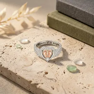 Mommy of An Angel Rings Footprint Bands Memorial Mothers Day Gifts, Angel Wing Ring with Heart For Women Variety Of Clothing Daily -Decor