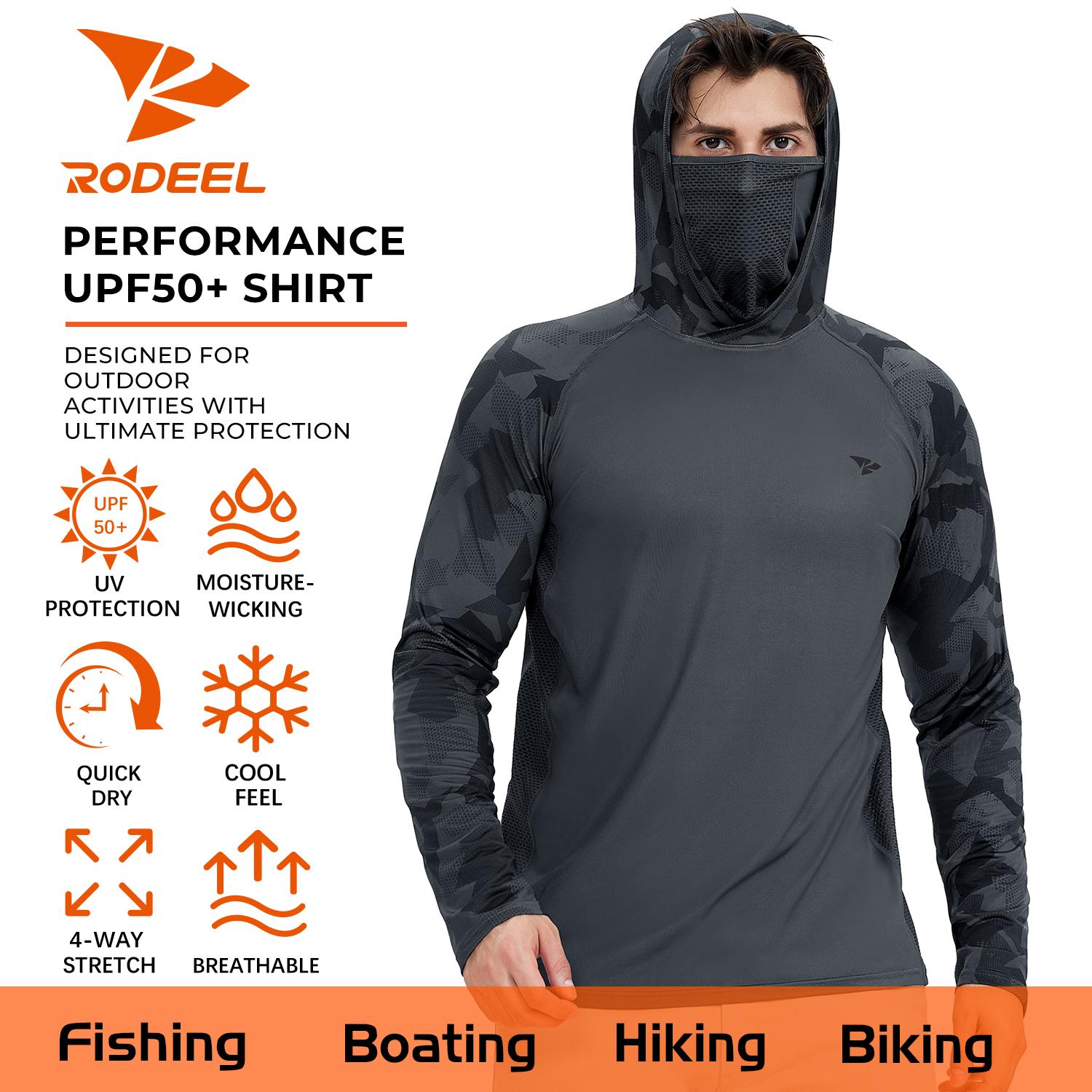 RODEEL 915 Sun Hoodie Shirts w/ Mask Neck Gaiter Men UPF 50+ UV Protection Long Sleeve Lightweight Quick Dry Moisture Wicking Breathable Cooling Athletic Activewear for Outdoor Fishing Boating Hiking Construction Roofing Framing Landscaping summervibes