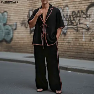 INCERUN Men's 2-Piece Summer Comfy Lounge Set - Short Sleeve Tie-Front Shirt, Wide Leg Pants for Sleepwear, Pajamas