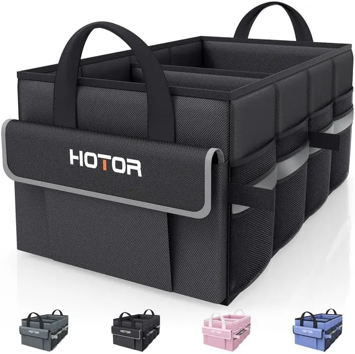 Trunk Organizer - Car Organizer with 5 Pockets, Trunk organizer for SUV, Sedan & Van, Car Organization with Sturdy Base Panel for Car Accessories, Black, 2 Compartments, 21.3"×12.6"×10.6"