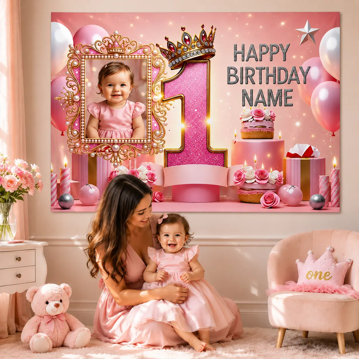 Custom Pink Princess Picture Backdrop Tapestry - Personalized Name & Age Banner, Decorative Banner for Home Party Decorations, Girl Room Decor, Kids Room Wall Decor, Photobooth Print Festive Backdrops & Banners
