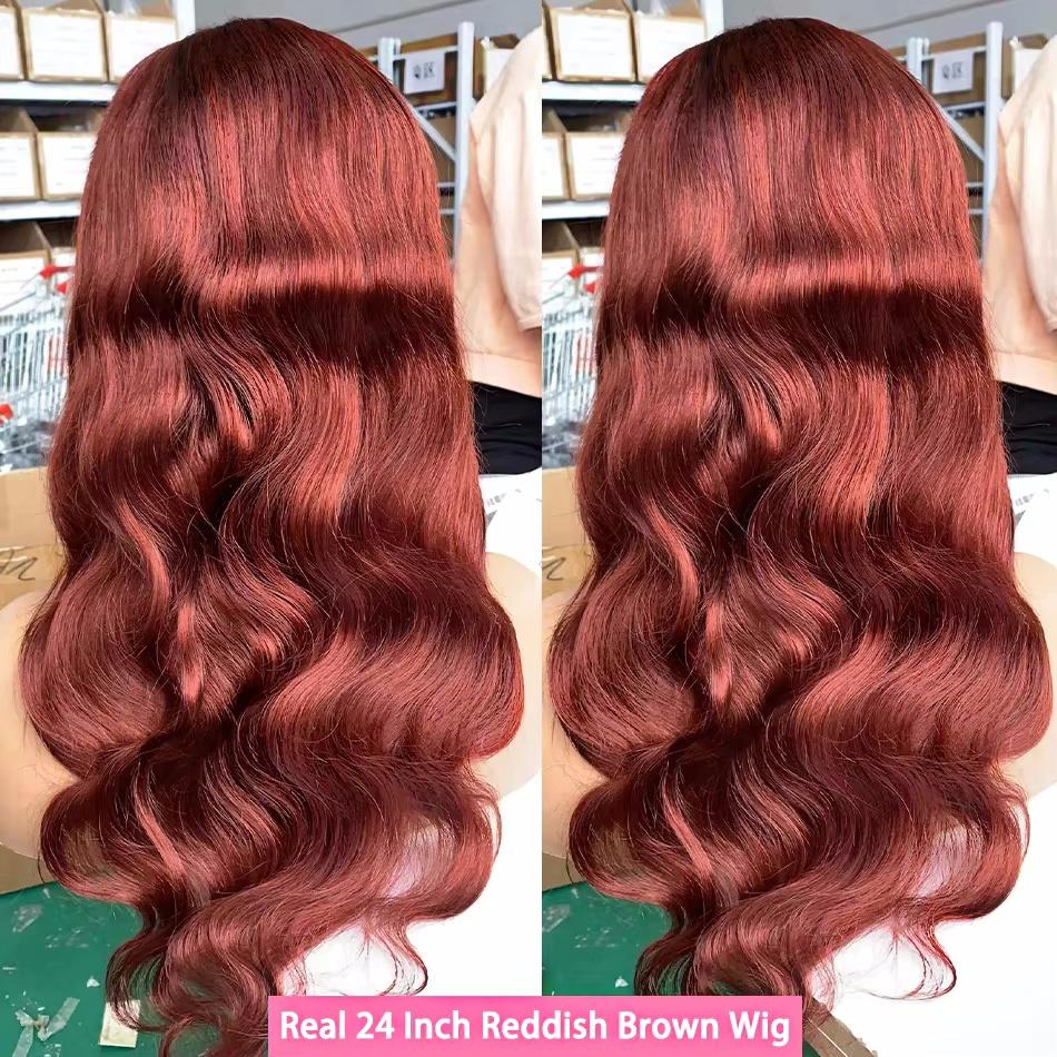 [Bling Hair ]  Reddish Brown 13x6 Lace Front Wigs 33# 4#Human Hair Pre Plucked 180% Density 13x4 Body Wave Auburn Colored Human Hair Lace Frontal Wig