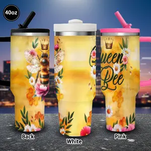 1pc 40oz Queen Bee Floral Tumbler with Lid and straw, Winter Insulated Travel Mug, Gift for Women Men, Ideal for Valentine's Day, Birthday Gift, Coffee Cup for Office