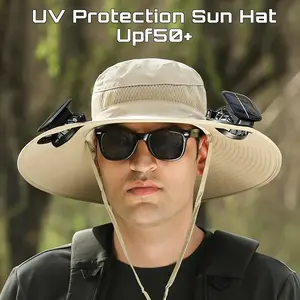 Solar Fan Fishing Hat, UPF 50+ Cooling Sun Hat for Men Women, Dual Power Solar & USB Rechargeable, Wide Brim Waterproof Safari Cap for Landscaping, Construction, Mowing, Golf, Hiking, Father's Day Gift