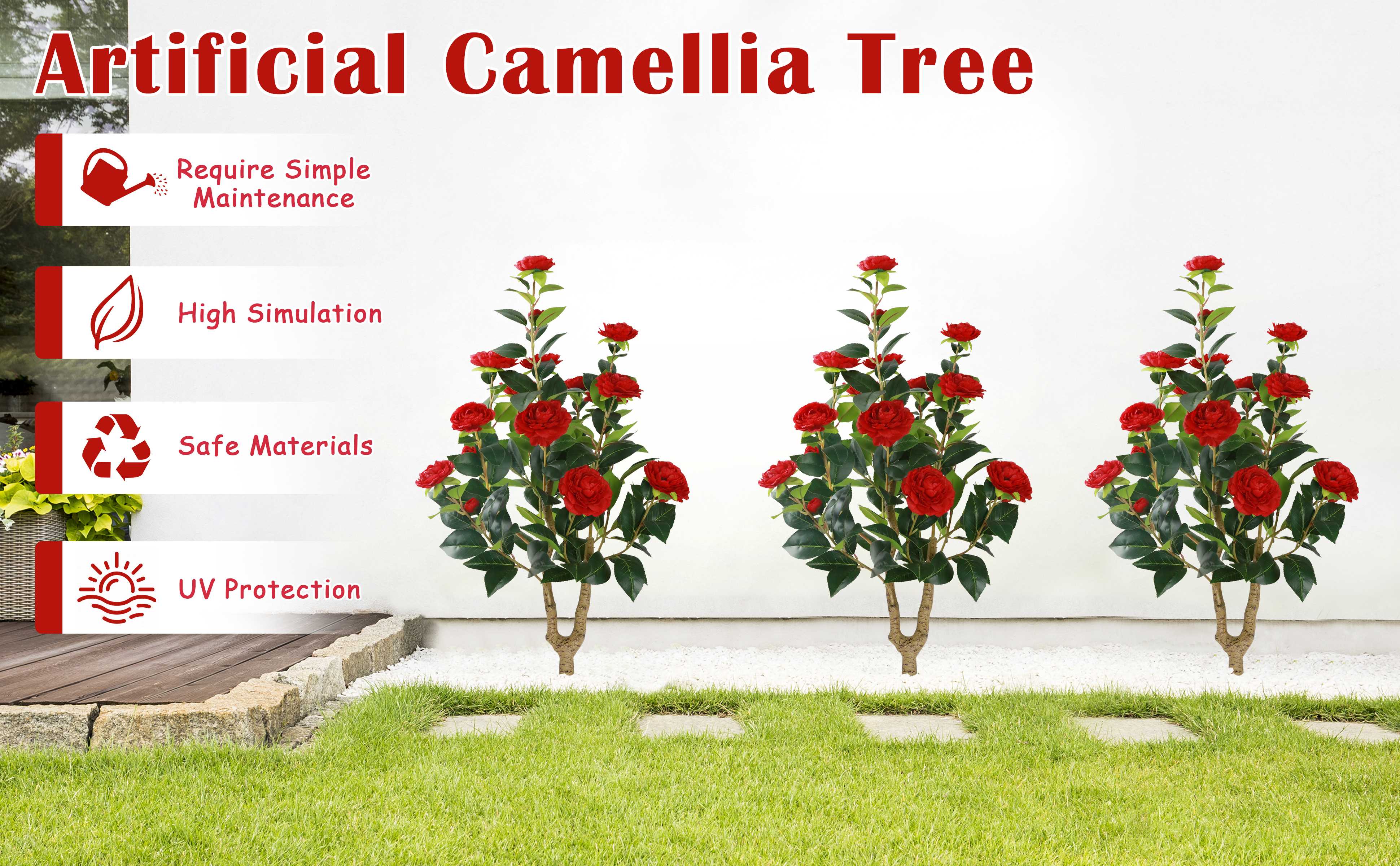 SUNNYGLADE 35.5" Artificial Camellia Tree, Faux Red Camellia Flowers Plant with Spike, Fake Greenery Tree for Spring Home Front Door Outdoor Indoor Decoration（set of 2)