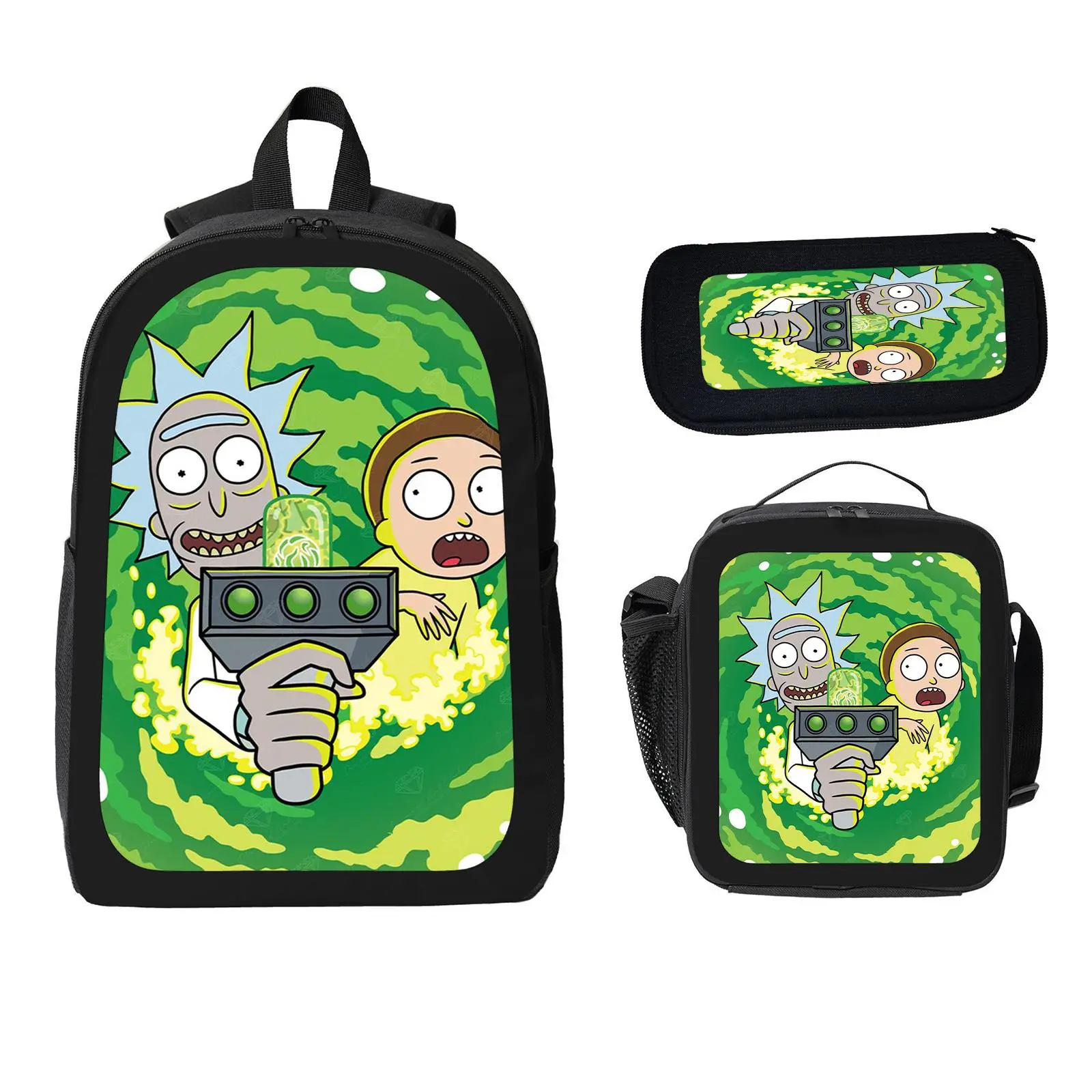 Rick and Morty Character Print Unisex 3-Pcs School Backpack Set Pack for Kids, Large Capacity Water Resistant Bookbag with Insulated Lunch Bag & Pencil Case, Elementary-Middle School Travel Daypack a-48
