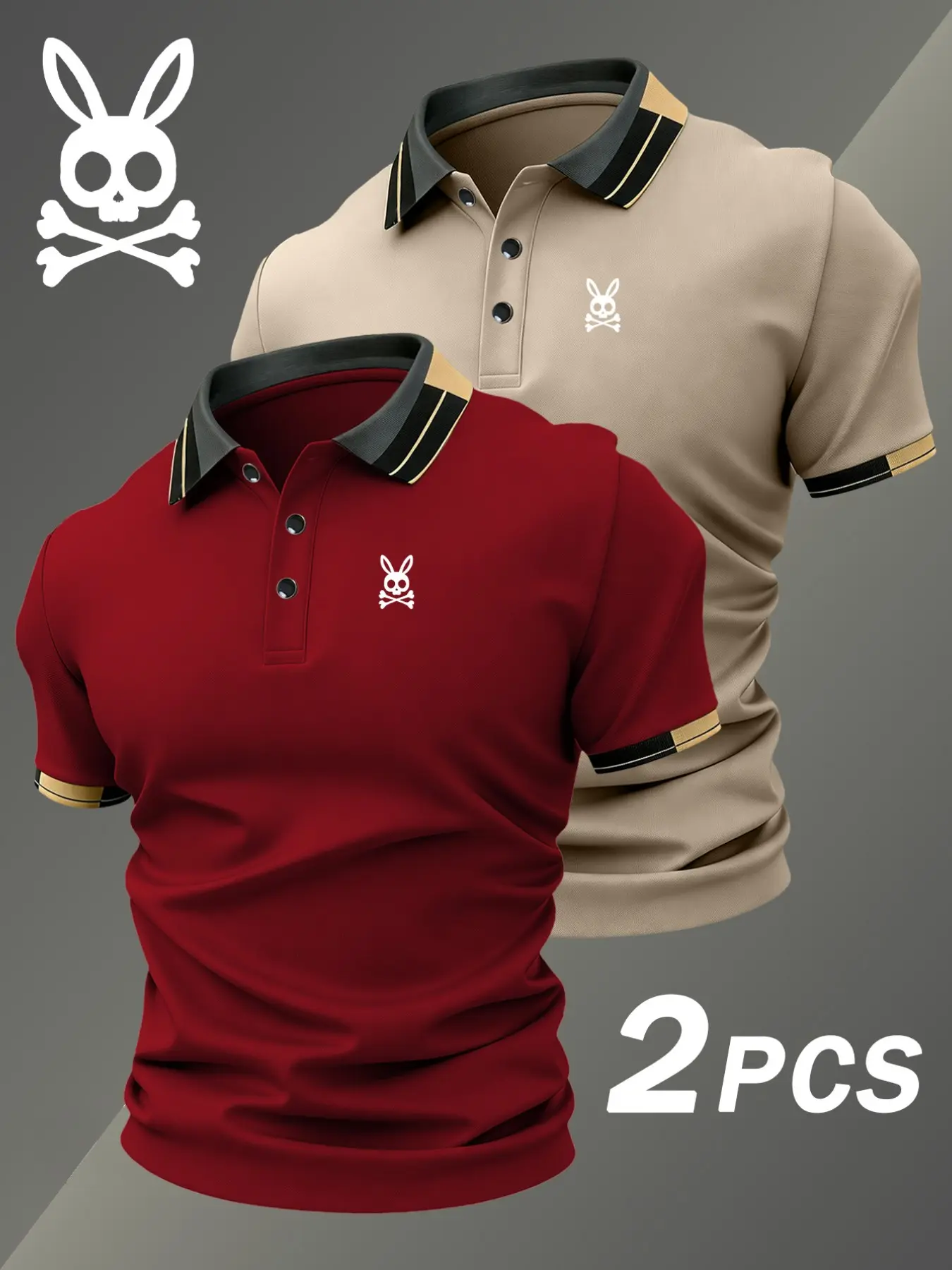 Two-Pack Hh4370 Skull Rabbit Print Men's Polo Shirts, Summer Polo Shirt, Elastic Casual Breathable All-Season Comfortable Durable High-End Polo Tops