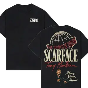 Ships within 24 hours. Scarface Double-Sided Print T-Shirt "The World Is Yours" Tony Montana Classic Design T-Shirt 100% Cotton Unisex Classic Crime Movie Streetwear Casual Everyday Top for Men
