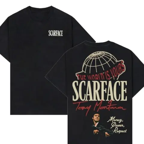 Ships within 24 hours. Scarface Double-Sided Print T-Shirt "The World Is Yours" Tony Montana Classic Design T-Shirt 100% Cotton Unisex Classic Crime Movie Streetwear Casual Everyday Top for Men