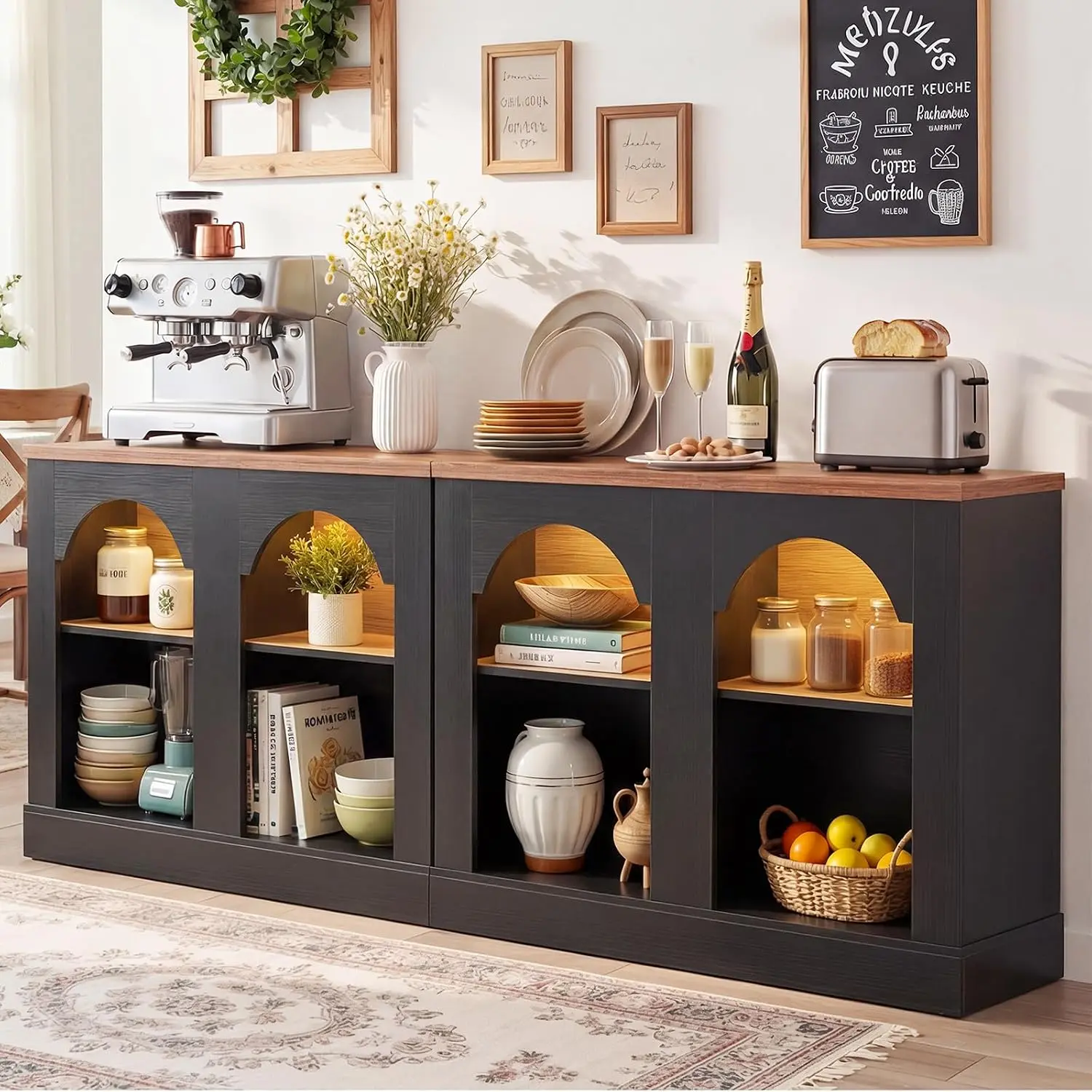 LED Light Arched Entryway Table, Farmhouse Console Table with Adjustable Shelves, Sofa Table Behind Couch, Sideboard Buffet Storage Cabinet for Entrance/Hallway/Living Rooms Entryway Cabinet