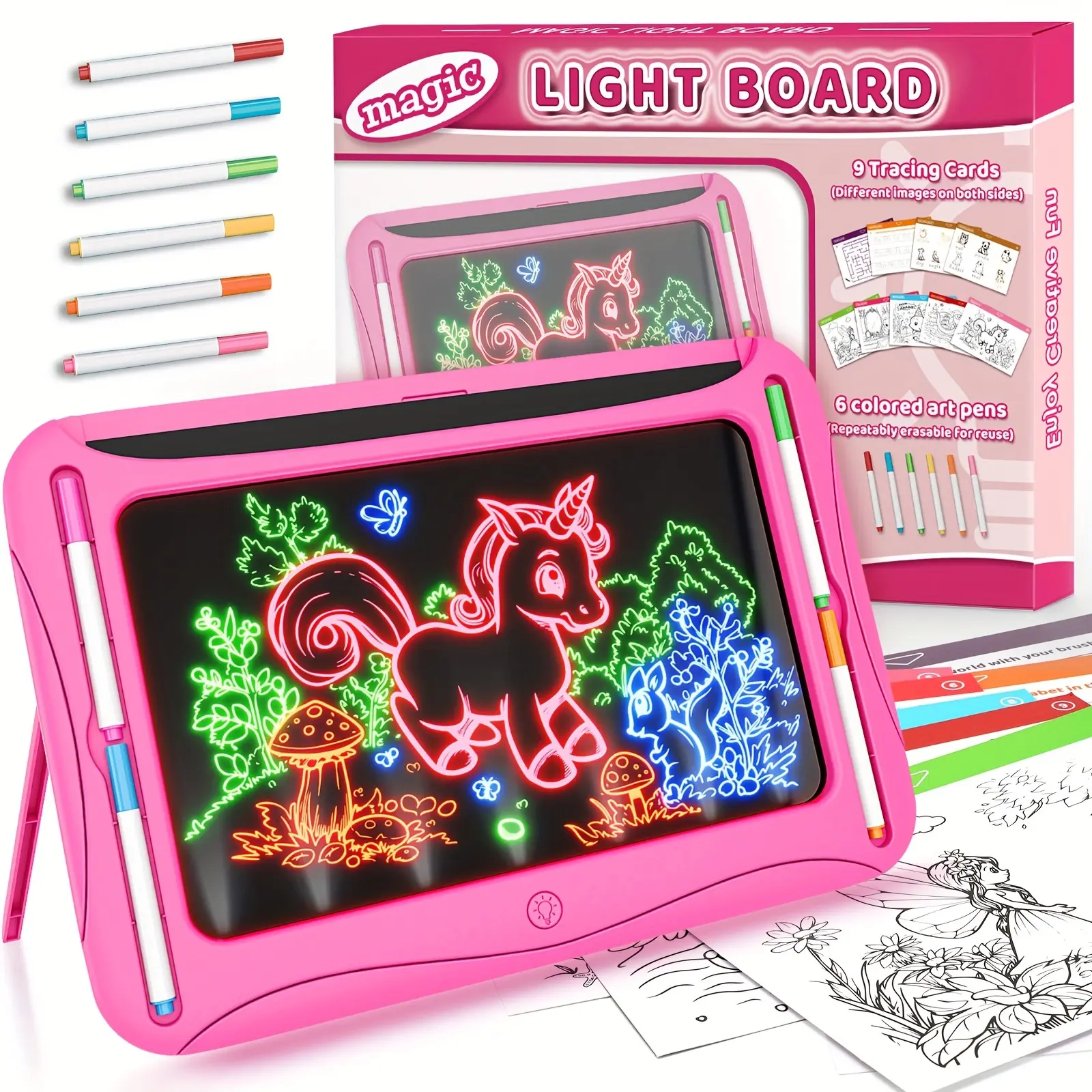 LED Light-Up Doodle Board for Kids, Travel-Ready Reusable Learning Art Toy with Glowing LEDs, 9 Double-Sided Cards, 6 Marks, Birthday Gift for Boys & Girls Ages 3-8