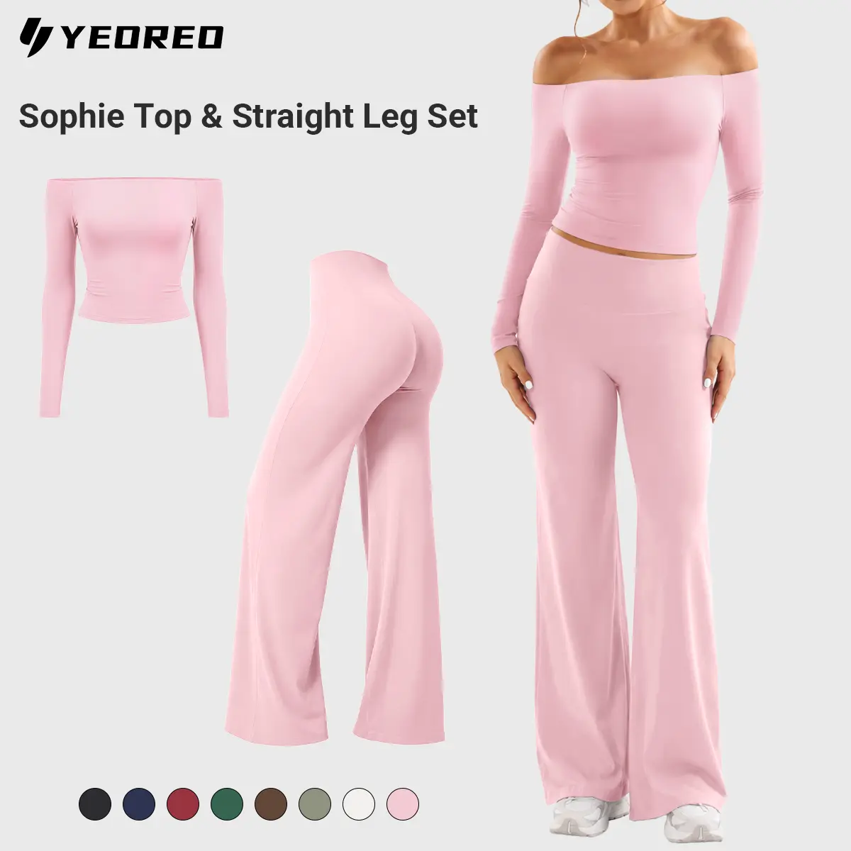 YEOREO Sophie Basic Minimalist Off-Shoulder Top & Straight Leg Matching Set, Sohochic Women's Clothing Set Look