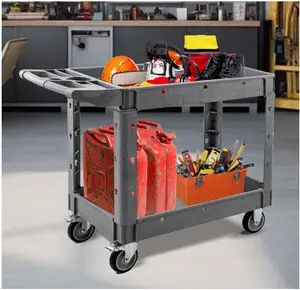 TECSPACE multifunctional trolley, double-layer durable plastic service cart, mobile storage work cart with wheels, suitable for warehouse, garage, school, and office cleaning, black/gray Collapsible Utility Grocery Wagon bathroom  organizer