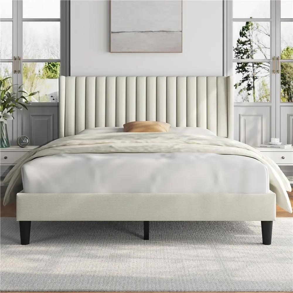 【Back to School】Yaheetech Linen Fabric /Velvet Upholstered Bed Frame Full/Queen/King with Wooden Slat Support, No Box Spring Needed, Durable Construction, Easy Assembly Furniture Bedroom Beige Headboard, Modern Platform Bed, Upholstered Headboard