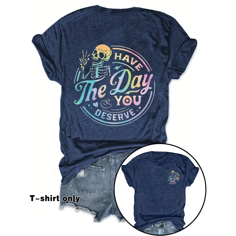 Women's Skeleton & Letter Print Round Neck Tee, Fashion Casual Crew Neck T-Shirt for Daily Holiday Vacation Outdoor Wear, Ladies Clothes for Spring, Women's Clothing