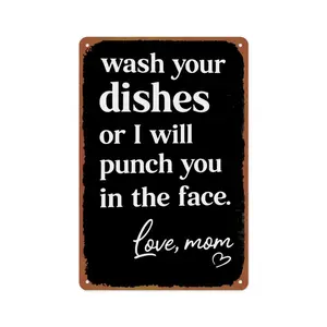 Kitchen Signs Wall Decor Funny Metal Aluminum Tin Sign Kitchen Sets For Home Decorations Wash Your Dishes Or I Will Punch You In The Face Love Mom Coffee Bar Signs Decor House Rules Clean Your Dishes Sign