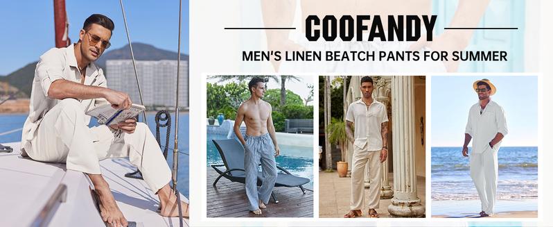COOFANDY New York Fashion Week Linen Yoga Elastic Beach Vacation Pants Cotton Fabric Bottom Breathable Drawstring Light Loose Comfort Fit Adjustable Summer Trouser