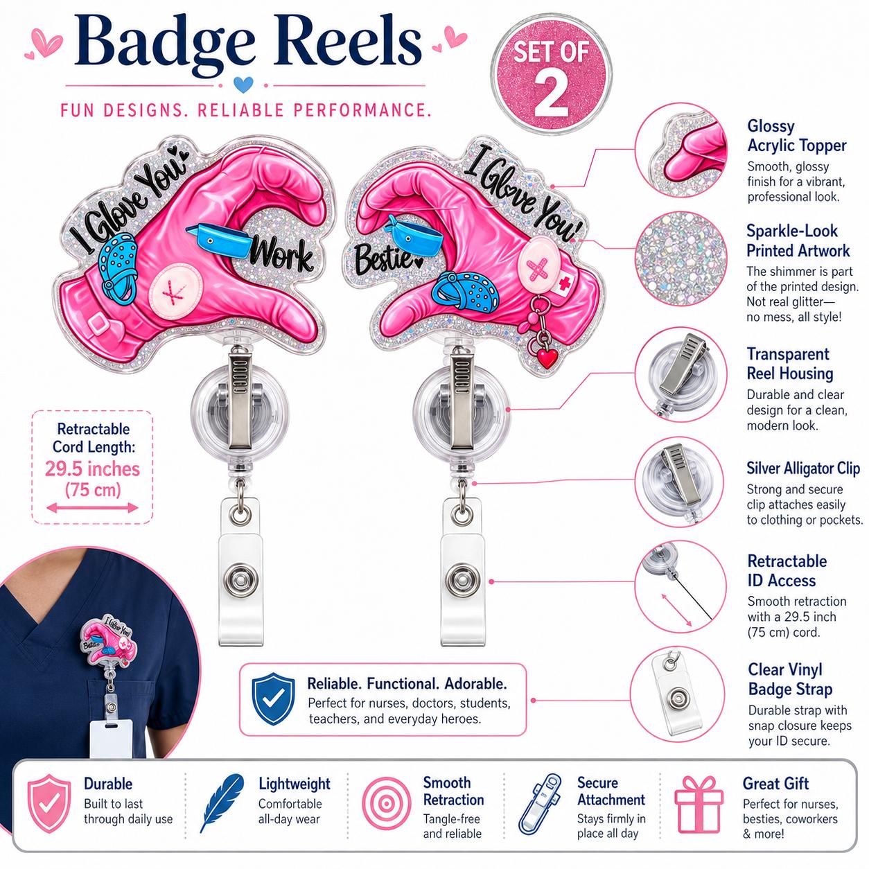 Work Bestie Badge Reel Set, Matching Glove Heart Acrylic Badge Holder with Retractable Clip for Nurses and CNAs