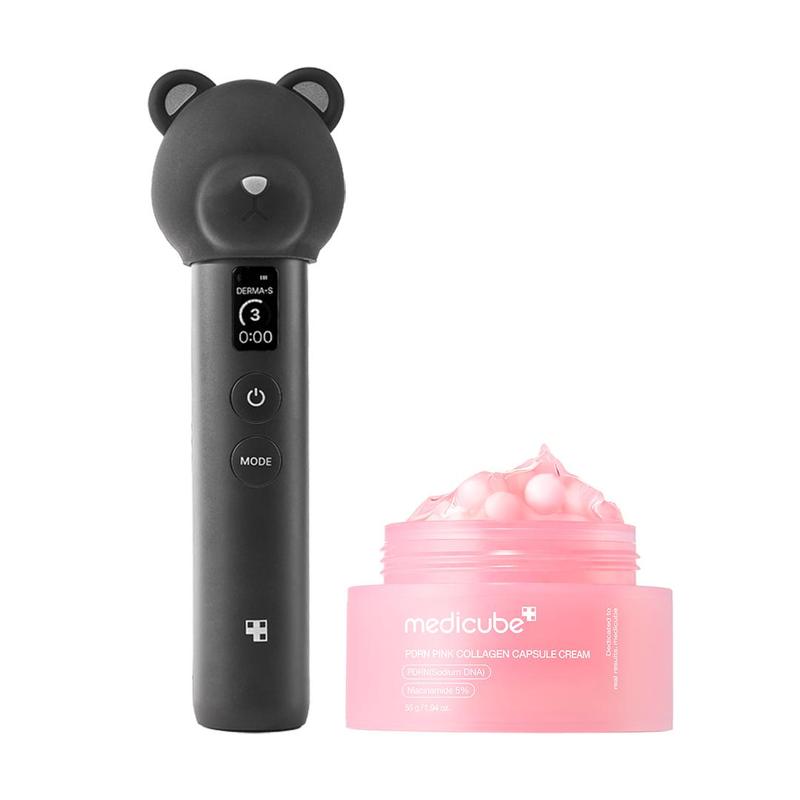 [LIVE Exclusive] [medicube] Booster Pro Black Bear Edition w/ SkincareㅣDeep Vita C Capsule Cream, Collagen Jelly Cream, Kbeauty Viral Glass Glow Device for Glowy Glass Skin Medicube