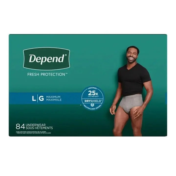 Depend Fit-Flex Underwear for Men, Discreet Plain Mid Waist Briefs, Maximum Absorbency, Size L, 84 Count