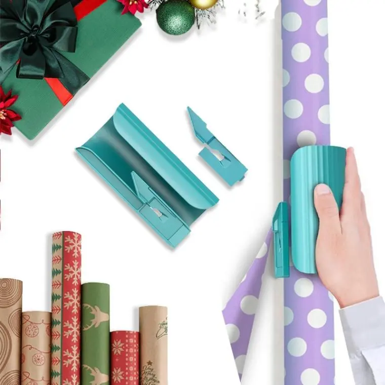Office Paper Cutters - Roll-Cut Effortless Gift Wrapping Tool Set with Easy-Slide Design, 2 Tungsten Steel Dual Replacement Blades for Christmas, Birthday (Blue), Dual Blades, Gift Wrap Cutter