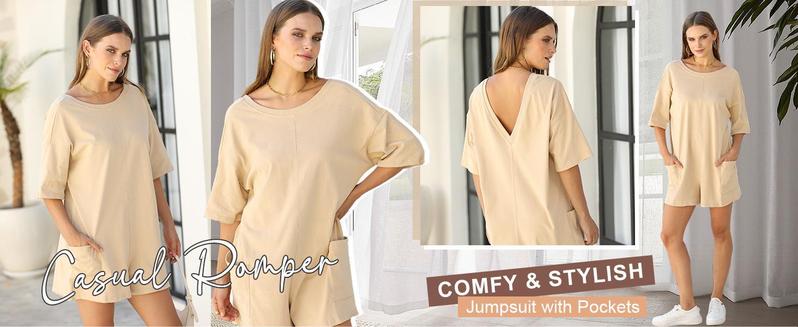 Imily Bela Comfort Baggy Tee Rompers for Women Summer Lady Athletic Oversize Romper Short Sleeve Jumpsuit Basic can be Worn on Both Sides Onesie with Pockets Casual Womenswear Overalls