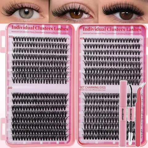 Fluffy Cluster Eyelash Extensions Kit, 640PCS Cosmetic Individual Lash Cluster Set with 9-16mm Natural D-Curl Mix, Bond, Seal, Tweezers, Lash Brush – Soft, Comfortable, Wispy, Long-Lasting