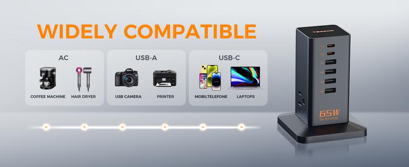 Tessan Desk Charging Station for Multiple Devices, 65W Ex-Fast Charging, 6 Port GaN USB Fast Charger Tower, Type C Desktop Charger Hub