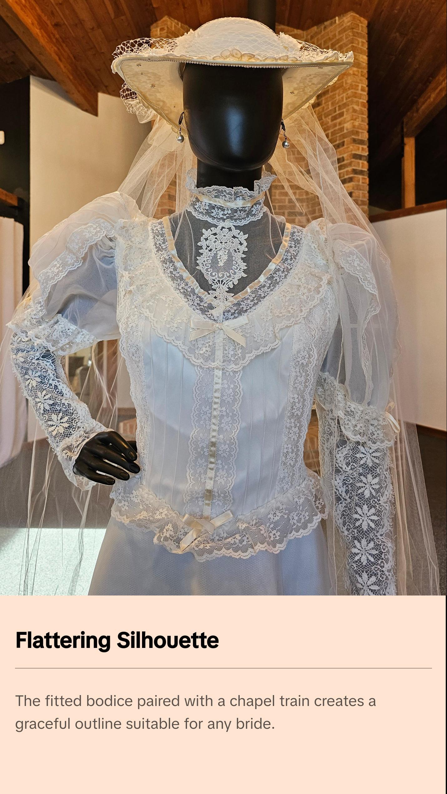 Vintage Ivory Victorian Wedding Gown/ Hat