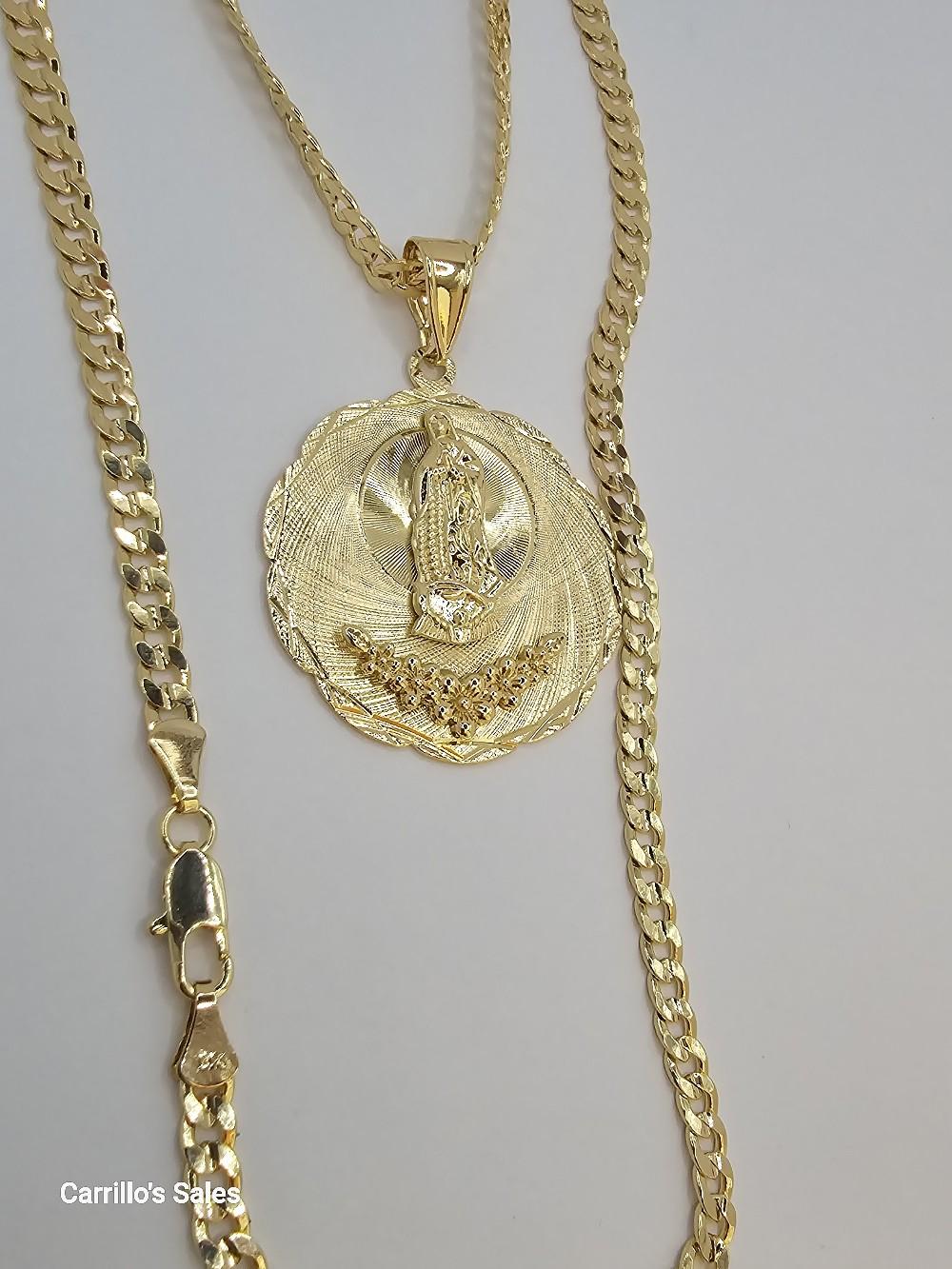 VIRGIN MARY with flowers  Cuban necklace style gold-plated beautiful design no fade no tarnish just don't take long showers with them gold over stainless