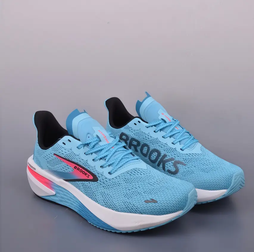 Bright Cyan Blue Pink Contrast Knit Cushion Running Shoes, Brooks Max Shock Absorb Marathon Trainers, Breathable Non-Slip Long-Distance Road Sneakers for Men & Women Jogging