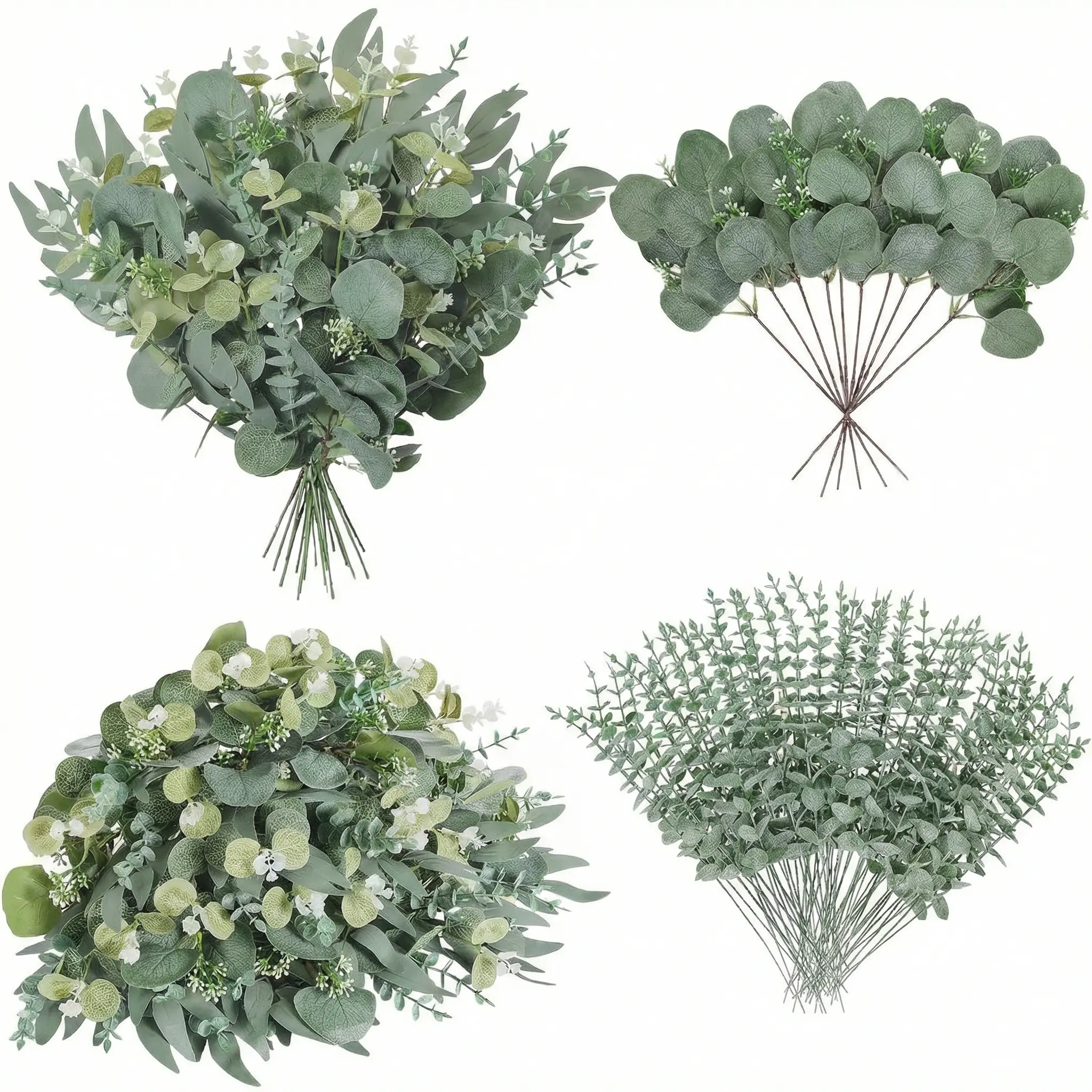 Artificial Eucalyptus Flower Stems Pack - 40-Pc Iron Oval Mixed Styles Plastic Greenery, 4 Kinds Faux Leaves, Flexible Adjustable Stems, Natural Look Decor for Wedding, Anniversary Table Centerpieces