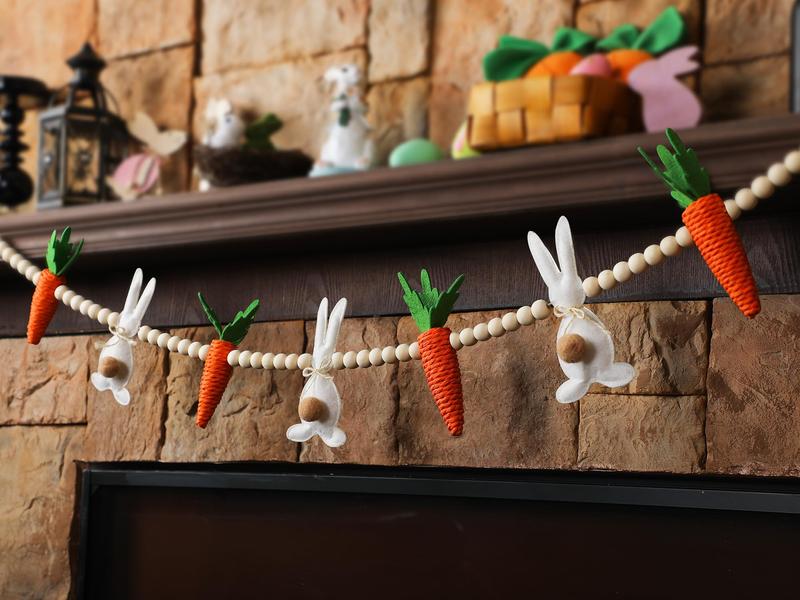 Easter Bunny Garland Wood Beads Banner Rustic Rabbits Hanging Garland with Beads, Bunny Eggs with Bow Door Wreath Garland for Mantle Fireplace Shelf Wall Doorway Display, Spring Home Decor, Easter Decor 2026 Easy Hang Indoor Outdoor Party Supplies & Gifts