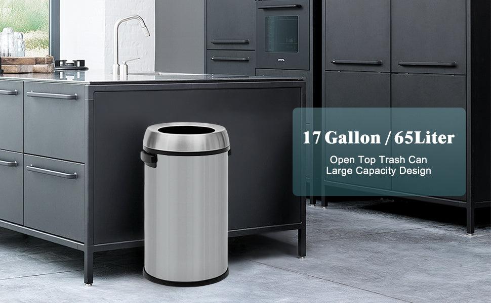 【Christmas Deal】GARVEE 65 Liter/17 Gallon Commercial Grade Stainless Steel Trash Can with Swing or Open Top Lid, Heavy Duty Cylindrical Garbage Bin for Indoor and Outdoor Use in Home, Office, Restaurant