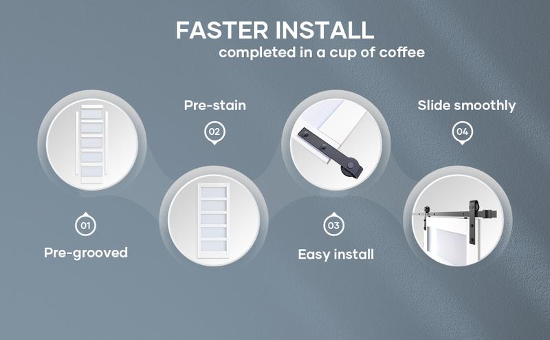 Easelife-Glass Barn Door with Hardware Kit & Handle, Pre-Drilled Ready to Assemble, Waterproof PVC Coating