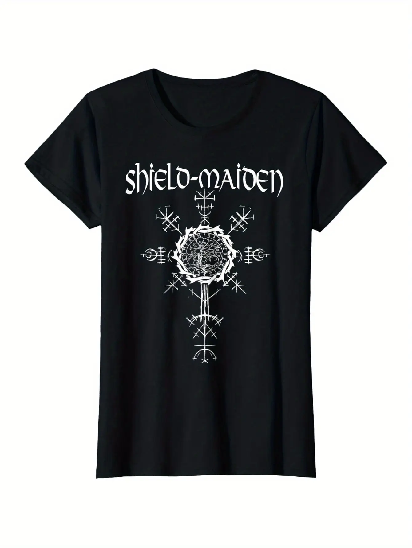 Nordic Mythology Shield Maiden Viking T-Shirt -  Cotton, Casual Tee with Intricate Geometric Rune Design, Black, S-XXXL, Perfect Gift for Men & Women, Machine Washable, Everyday Attire| Viking Themed Shirt| Durable Cotton