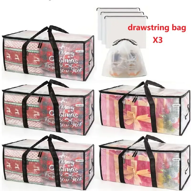 Clear PVC Storage Tote Bags with Reinforced Handles & Zipper, Large Clothes Blanket Organizer Container, Bonus 3 Drawstring Dust Pouches, Total 8 Pack (5 Large Storage Bags + 3 Drawstring Sacks)